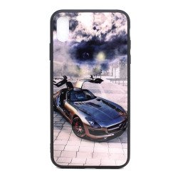 iPhone Xs Max Design Tempered Glass Hybrid Case (Silver Race Car)